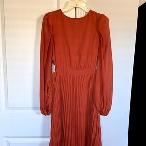 Terracotta Pleated Midi Dress – Long Sleeve